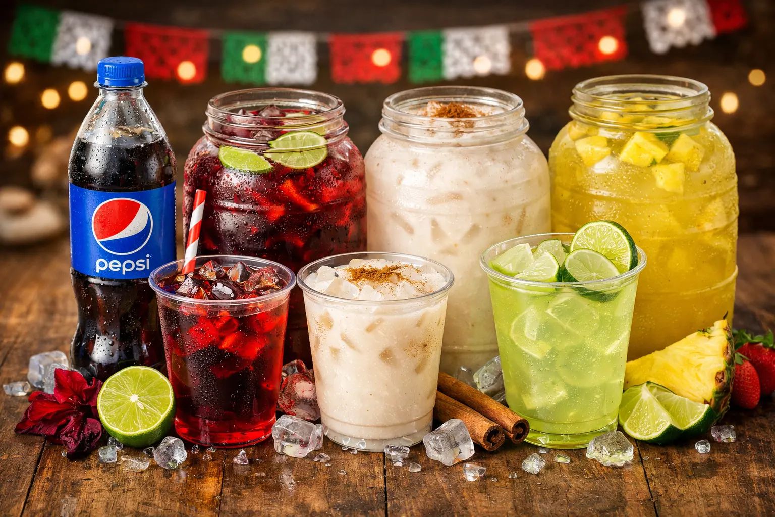 Aguas frescas naturales de jamaica, horchata y limón con chía