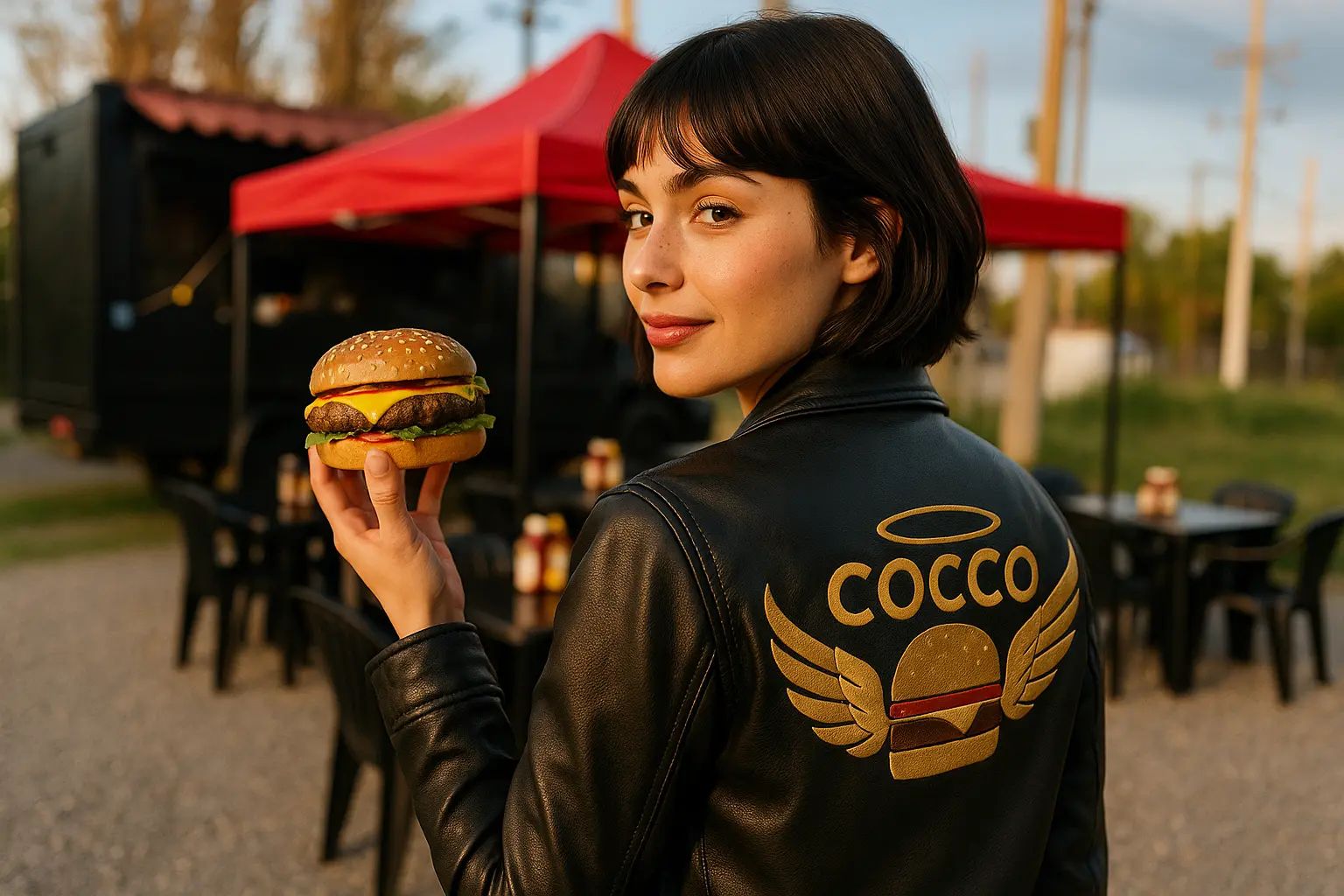 El food truck negro de Hamburguesas Cocco con toldo rojo al atardecer en San Luis Potosí